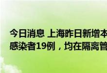 今日消息 上海昨日新增本土新冠肺炎确诊病例4例和无症状感染者19例，均在隔离管控中发现