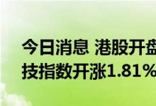 今日消息 港股开盘：恒指开涨0.9% 恒生科技指数开涨1.81%