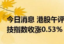 今日消息 港股午评：恒指收涨0.32% 恒生科技指数收涨0.53%