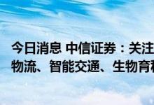 今日消息 中信证券：关注海上风电、光伏玻璃、快递、智能物流、智能交通、生物育种相关主题