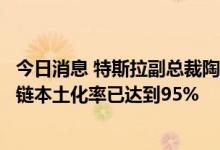 今日消息 特斯拉副总裁陶琳：目前特斯拉上海超级工厂产业链本土化率已达到95%