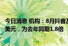 今日消息 机构：8月抖音及海外版TikTok全球吸金超3.06亿美元，为去年同期1.8倍