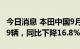 今日消息 本田中国9月终端汽车销量为101069辆，同比下降16.8%